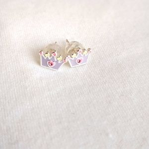 Premium Children's Silver Crown Ear Studs with Crystal and Epoxy